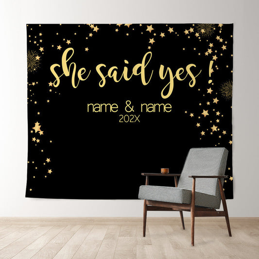 Lofaris Personalized She Said Yes Black Gold Wedding Backdrop