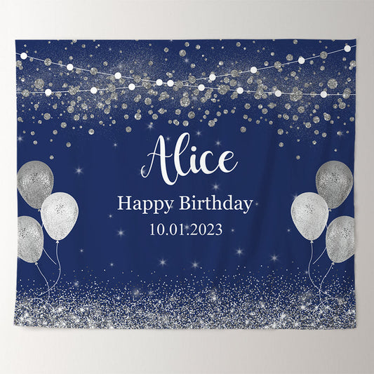 Lofaris Personalized Shiny Silver Balloon Blue Backdrops for Birthday Party