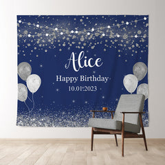 Lofaris Personalized Shiny Silver Balloon Blue Backdrops for Birthday Party