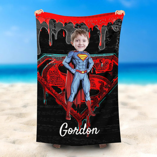 Lofaris Personalized Standing Superman Face Black Beach Towel