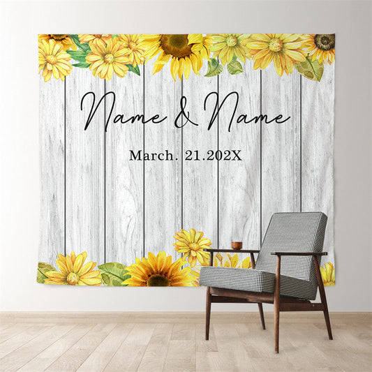 Lofaris Personalized Sunflowers And Grey Wood Wedding Backdrop Banner