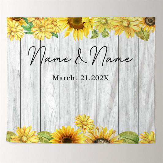 Lofaris Personalized Sunflowers And Grey Wood Wedding Backdrop Banner