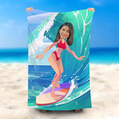 Lofaris Personalized Surf Girl Summer Beach Towel With Face