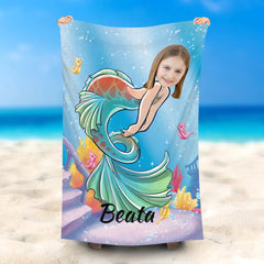 Lofaris Personalized Swimming Mermaid Photo Beach Towel