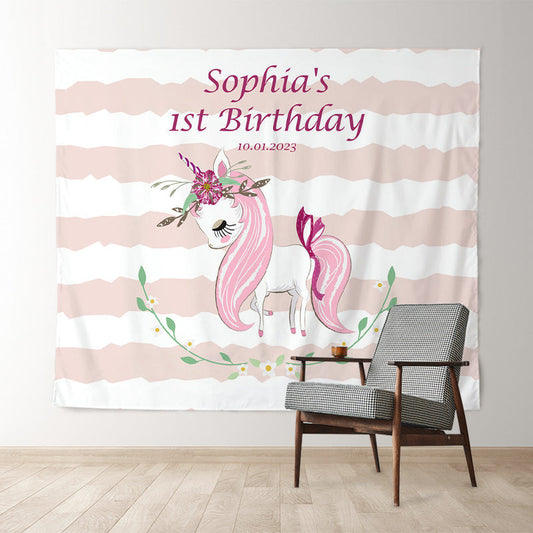 Lofaris Personalized Unicorn And Stripe Birthday Backdrop Decor