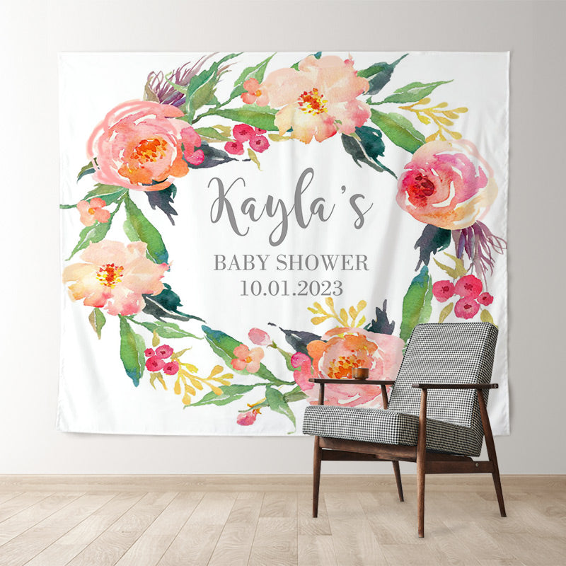 Lofaris Personalized Watercolor Flowers Baby Shower Backdrop Banner