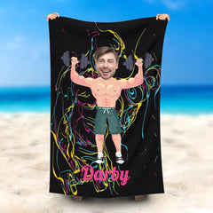 Lofaris Personalized Weightlifting Man Name Black Beach Towel