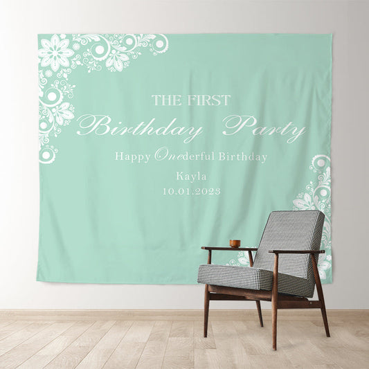 Lofaris Personalized White Flower Green Birthday Backdrop Banner
