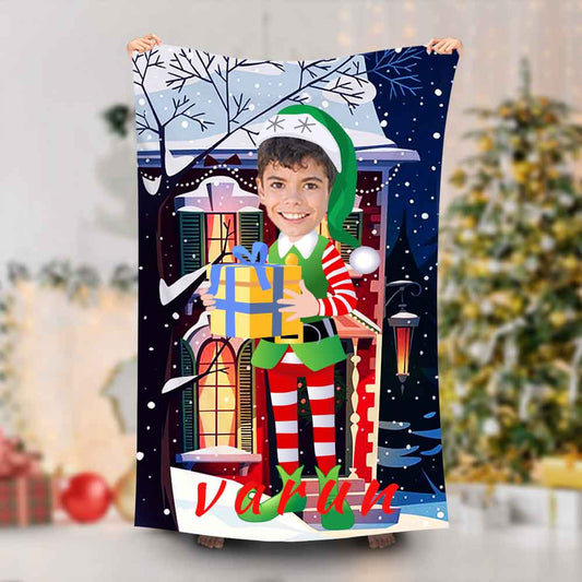 Lofaris Personalized Xmas Elf Boy With Gift Beach Towel