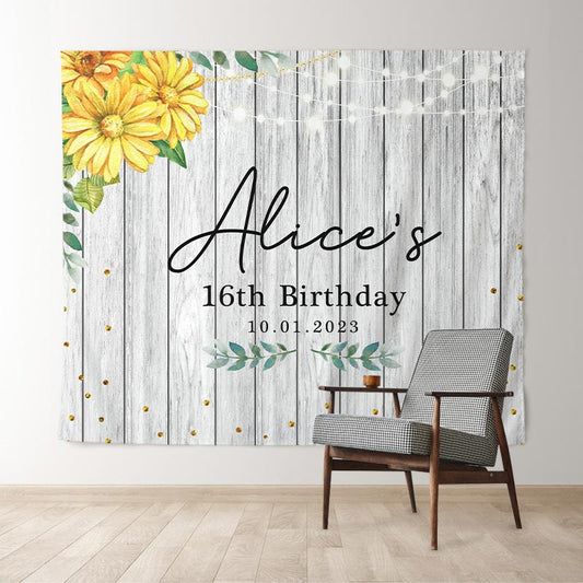 Lofaris Personalized Yellow Floral Wooden Birthday Backdrop
