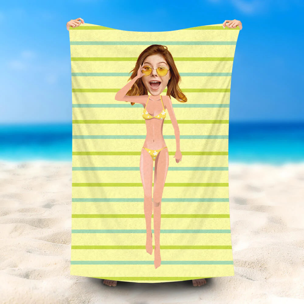Lofaris Personalized Yellow Stripe Bikini Beach Towel With Face