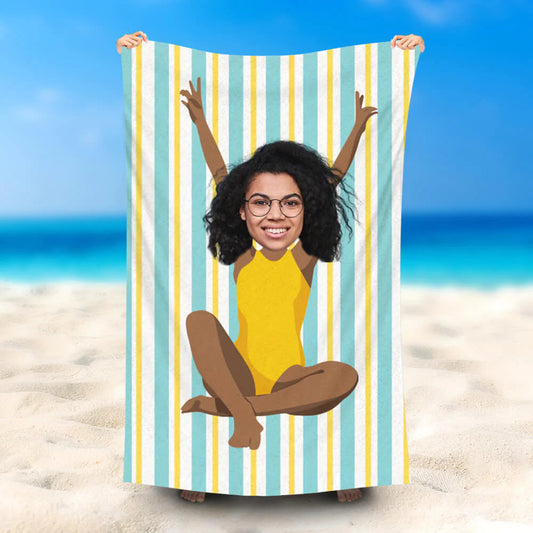 Lofaris Personalized Yellow Tankini Beauty Beach Towel With Face