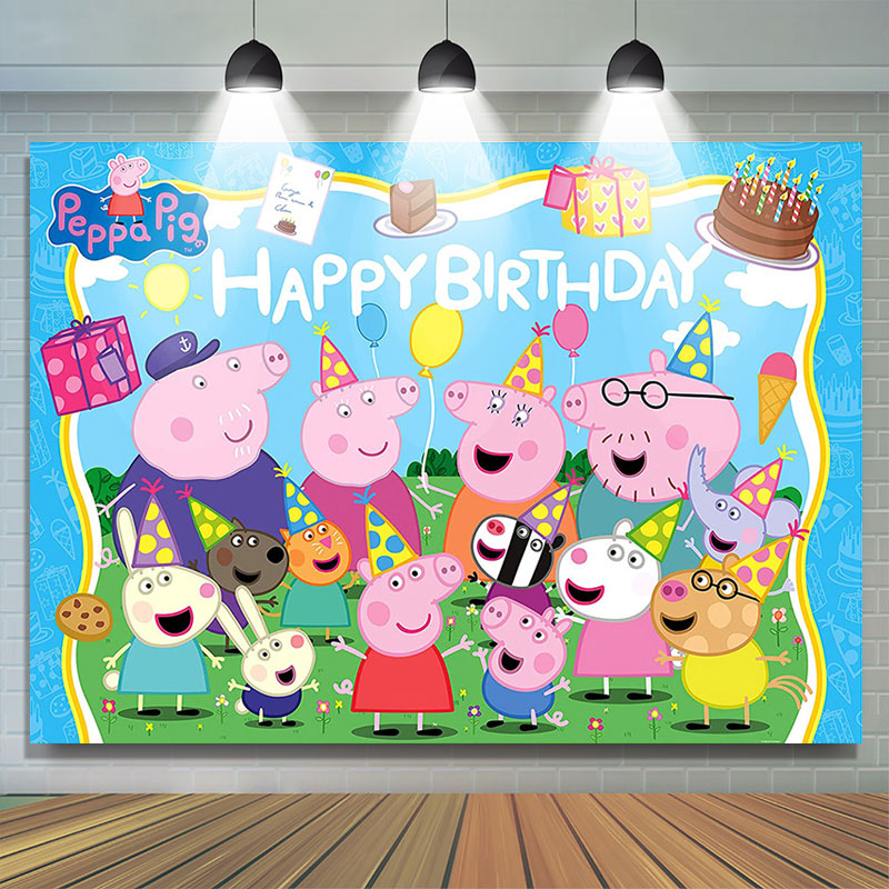 Lofaris Pig Family Celebration Blue Sky Birthday Backdrop