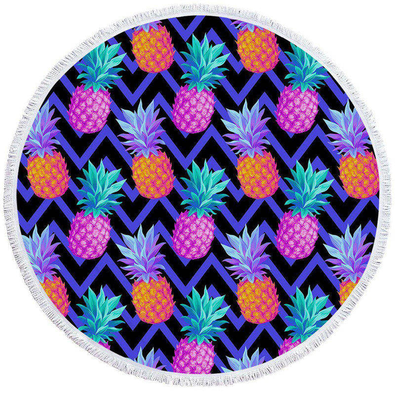 Lofaris Pineapple Pintada Purple Black Round Beach Towel