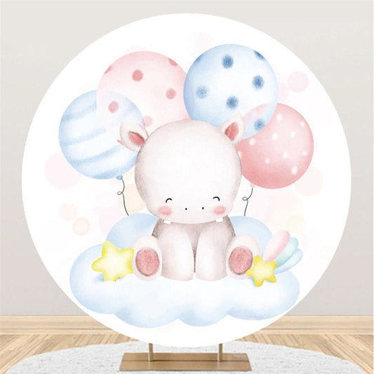Lofaris Pink And Blue Ballons Round Hippo Baby Shower Backdrop