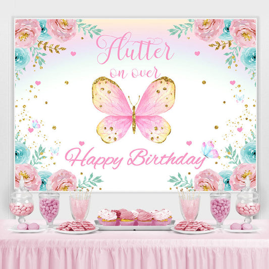 Lofaris Pink And Blue Flowers Butterfly Theme Birthday Backdrop