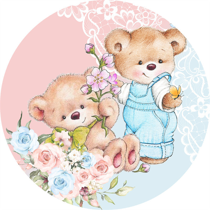 Lofaris Pink And Blue Foral Bear Round Baby Shower Backdrop