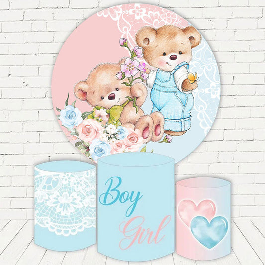 Lofaris Pink And Blue Foral Bear Round Baby Shower Backdrop