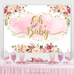Lofaris Pink And Glitter Golden Floral Baby Shower Backdrop