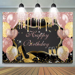 Lofaris Pink And Gold Glitter Balloons Happy Birthday Backdrop