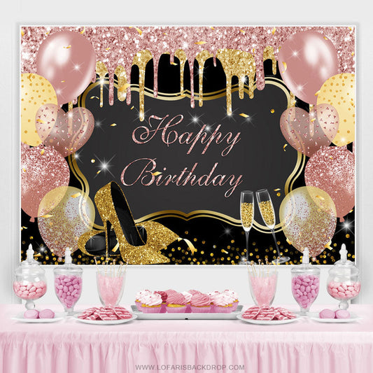 Lofaris Pink And Gold Glitter Balloons Happy Birthday Backdrop