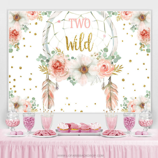 Lofaris Pink And Gold Glitter Floral Two Wild Birthday Backdrop