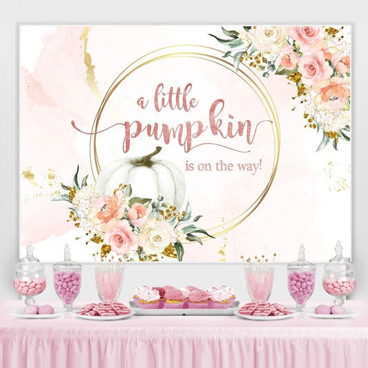 Lofaris Pink and golden floral pumpkin baby shower Backdrop