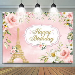 Lofaris Pink And Golden Floral Tower Happy Birthday Backdrop