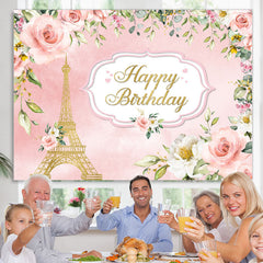 Lofaris Pink And Golden Floral Tower Happy Birthday Backdrop