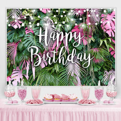 Lofaris Pink and Green Tropical Leaves Happy Birthday Backdrop