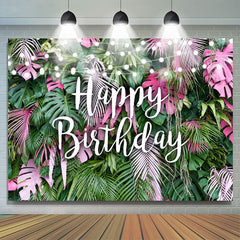 Lofaris Pink and Green Tropical Leaves Happy Birthday Backdrop