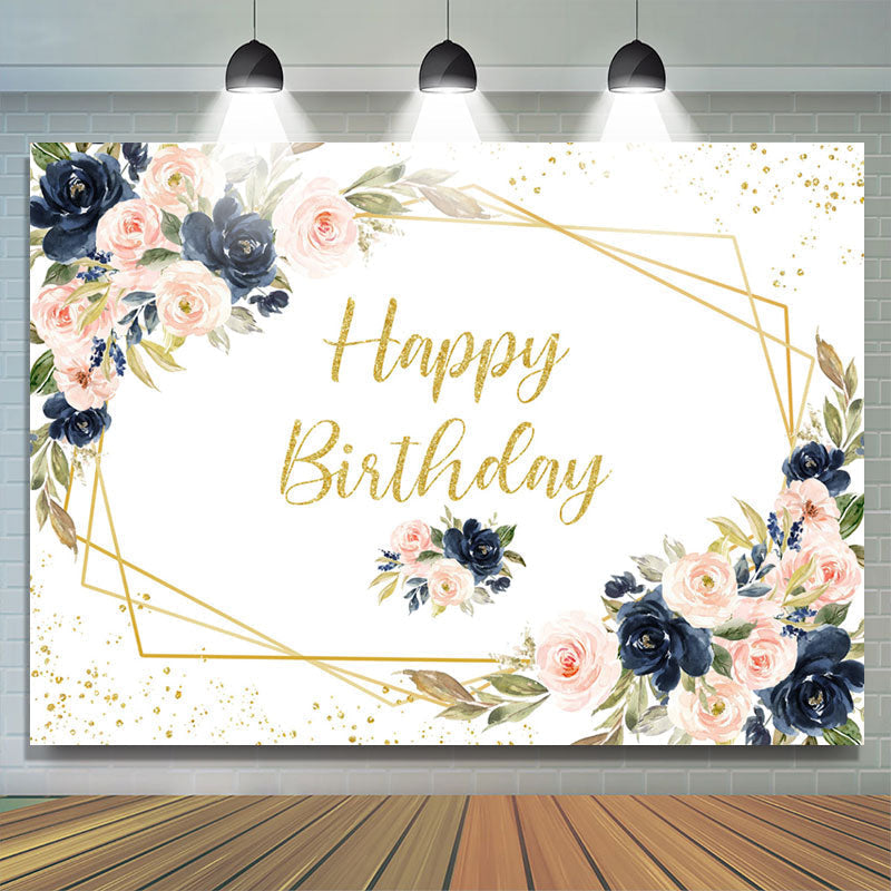 Lofaris Pink And Navy Blue Floral Gold Glitter Birthday Backdrop