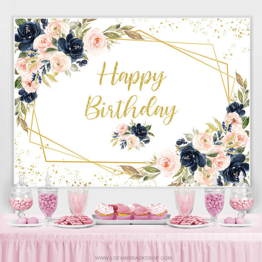 Lofaris Pink And Navy Blue Floral Gold Glitter Birthday Backdrop