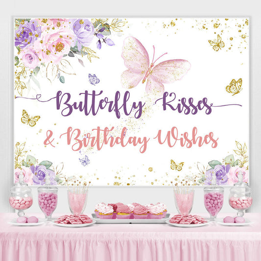 Lofaris Pink and Purple Floral Butterfly Birthday Backdrop