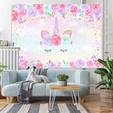 Load image into Gallery viewer, Lofaris Pink and Purple Floral Unicorn themed Glitter Backdrop