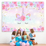 Load image into Gallery viewer, Lofaris Pink and Purple Floral Unicorn themed Glitter Backdrop