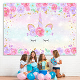 Load image into Gallery viewer, Lofaris Pink and Purple Floral Unicorn themed Glitter Backdrop