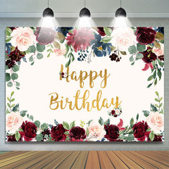 Lofaris Pink and Red Roses Golden Happy Birthday Party Backdrop