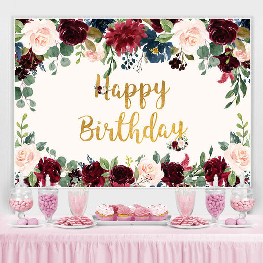 Lofaris Pink and Red Roses Golden Happy Birthday Party Backdrop