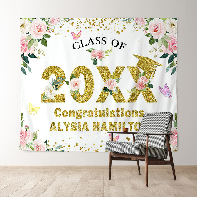 Lofaris Pink And White Floral Glitter Class Of 2022 Backdrop