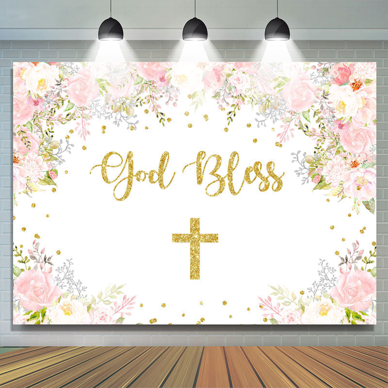 Lofaris Pink And White Floral God Bless Baby Shower Backdrop