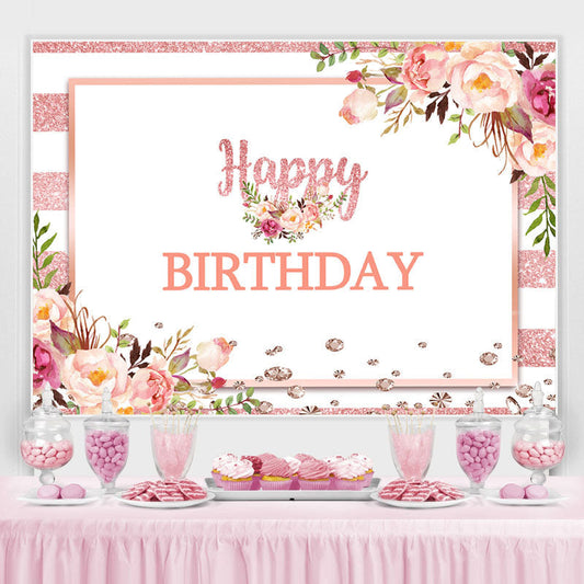 Lofaris Pink And White Floral Happy Birthday Backdrop For Girl