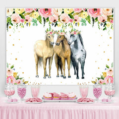 Lofaris Pink and Yellow Florals Three Horse Party Backdrop