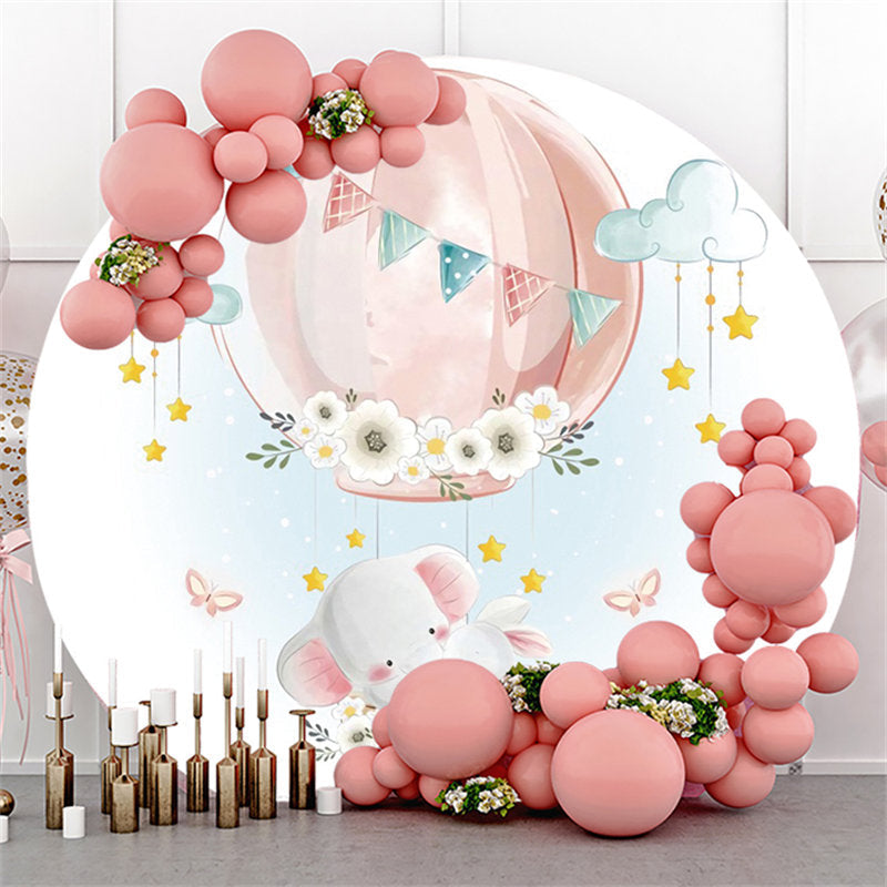 Lofaris Pink Balloon Elephant Happy Birthday Round Backdrop