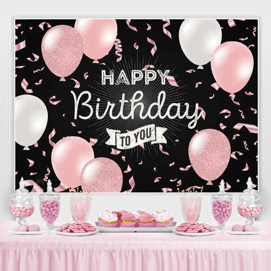 Lofaris Pink Balloon Ribbon Black Happy Birthday Party Backdrop