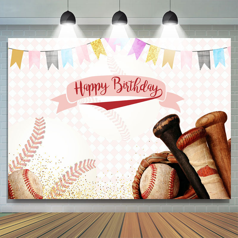 Pink Baseball And Flags Themed Happy Birthday Backdrop