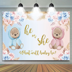Lofaris Pink Blue Floral Teddy Bear Glitter Baby Shower Backdrop