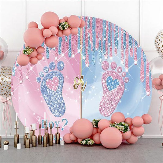 Lofaris Pink Blue Glitter Footprint Round Baby Shower Backdrop