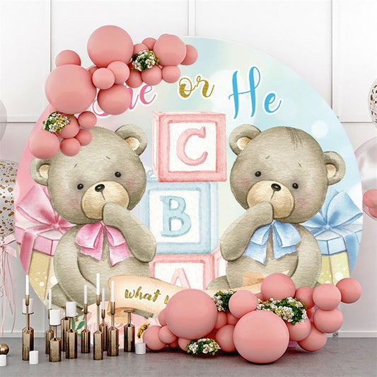 Lofaris Pink Blue Grey Bear Themed Circle Baby Shower Backdrop