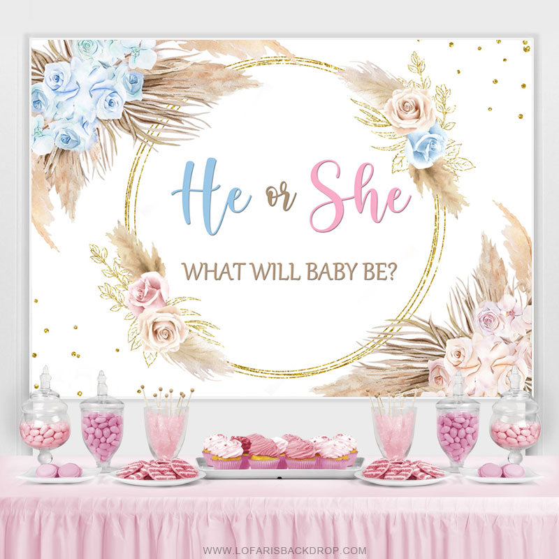 Lofaris Pink Blue He Or She Feather Floral Baby Shower Backdrop